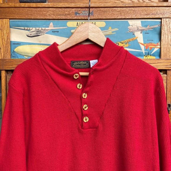 Vintage Oversized Henley Cherry Red Knit Sweater - Picture 1 of 7